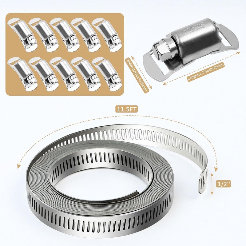 SMLCON 304 Stainless Steel Hose Clamps - For DIY,Cut-To-Fit 11.5 FT Metal Strap + 10 Stronger Fasteners Assortment Kit Large Adjustable Worm Gear Band Screw Clamps Duct Pipe Metal Clamp Strapping - Image 3